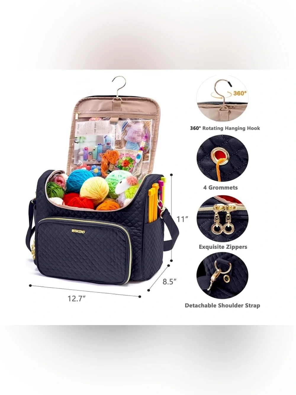MYBAGZING Quilted Crochet Bag Organizer Yarn Storage Tote Hanging Hook Black NWT